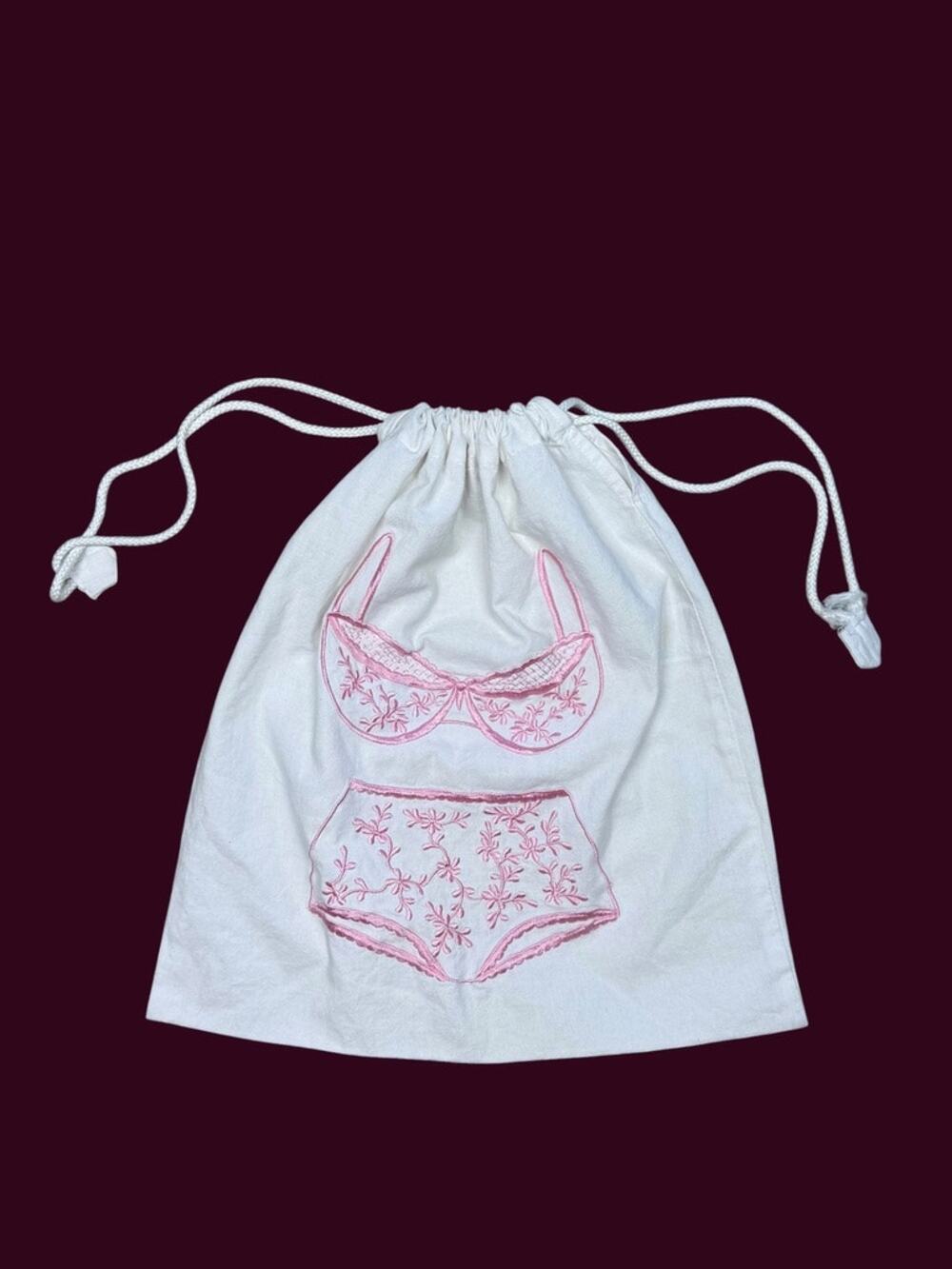Embroidered Lingerie Bag Cotton Drawstring Pouch